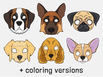 Dog masks printable paper template pdf coloring craft costume for kids