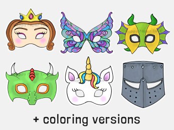 Fairy medieval paper masks printable costume coloring party craft for kids