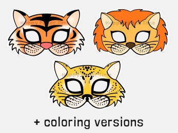 Tiger lion cheetah paper masks printable costume coloring party craft for kids