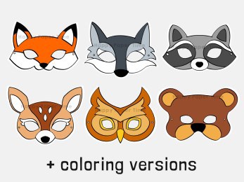 Woodland forest animals paper mask coloring printable party craft for kids