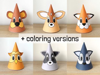 Woodland paper party hat bear deer fox owl wolf raccoon printable template coloring craft for kids