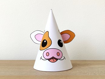 Cow party hat paper printable template farm animal craft activity for kids