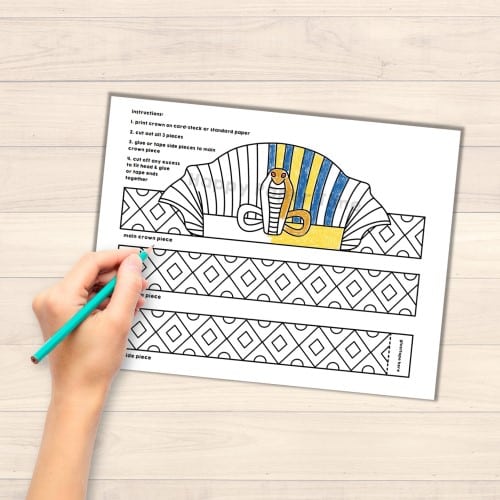 Pharaoh crown printable template ancient Egypt paper coloring craft for kids