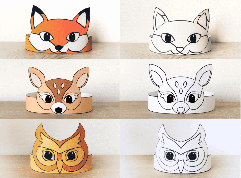 Woodland animals paper hats printable forest craft coloring activity for kids