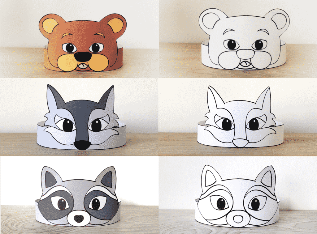 Woodland animals paper hats printable forest craft coloring activity for kids