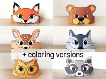 Woodland animal fox bear deer wolf owl raccoon paper crown printable costume coloring party craft for kids