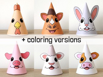 Farm animal party hats paper printable coloring craft activity for kids