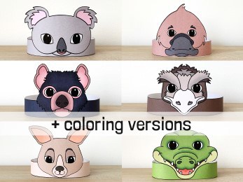Australian animals paper crowns printable template costume craft activity for kids