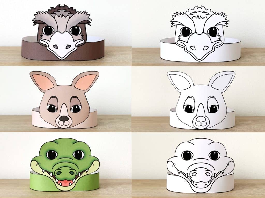 Australian animals paper crowns printable template costume craft activity for kids