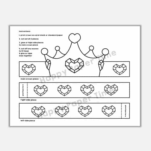 Heart princess paper crown Valentine coloring costume craft printable headband template for kids