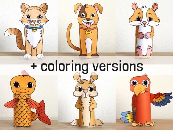 Pets animals toilet paper roll craft printable coloring decoration template for kids