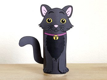 black cat toilet paper roll craft Halloween spooky day printable decoration template for kids